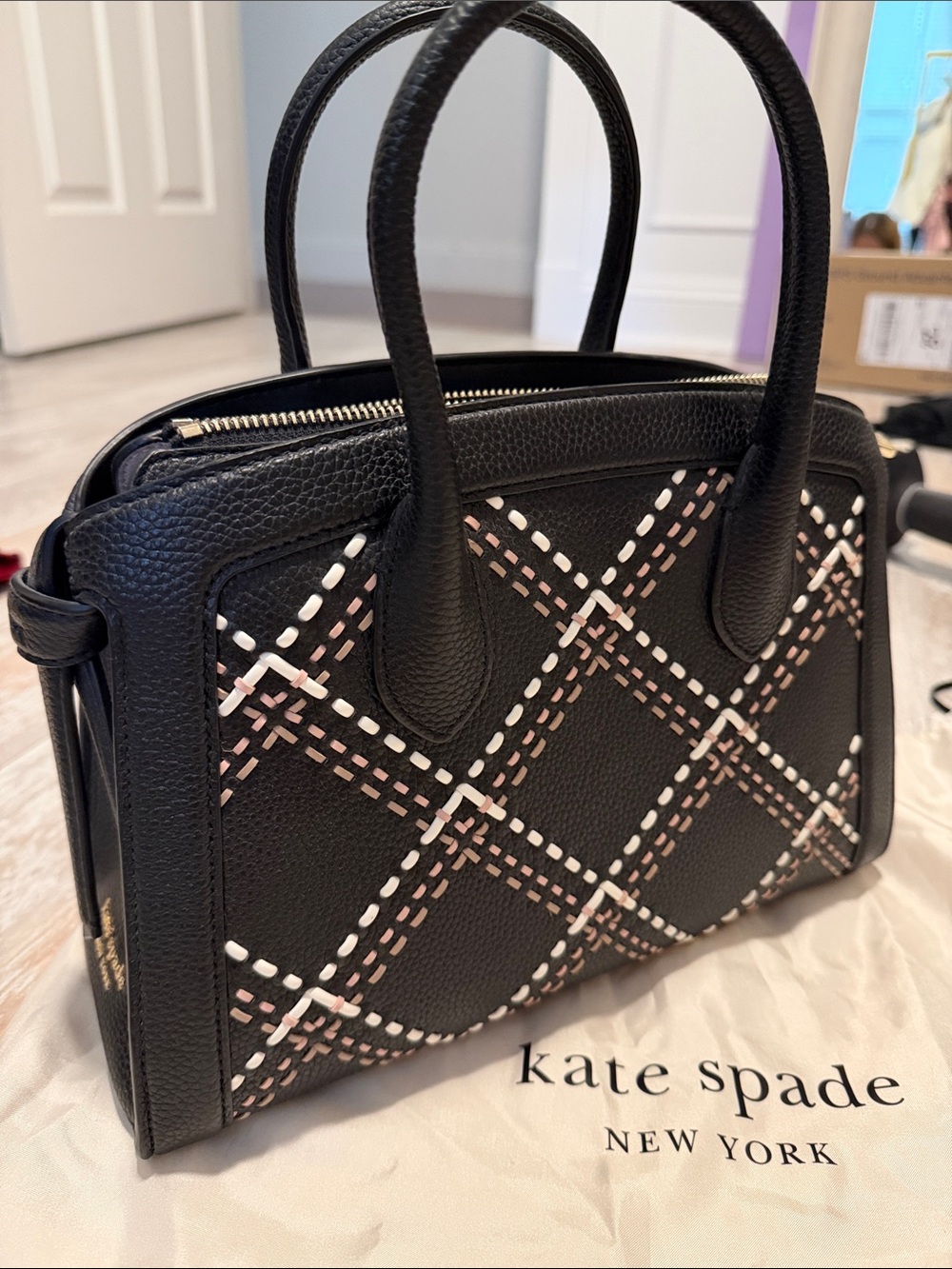 kate spade Black Leather Satchel with Pink & White Lattice Stitching